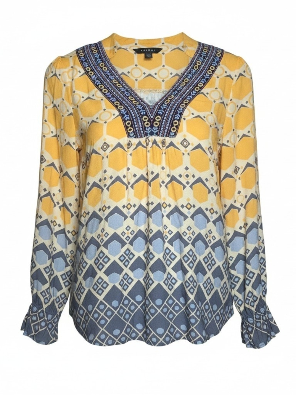 Tribal Yellow and Blue Geometric V-Neck Peasant Blouse